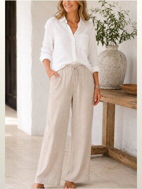 Talbots Linen Blend Wide Leg Pants Flax Beige 12P Coastal Quiet Luxury EUC